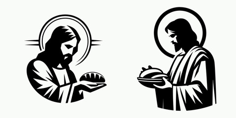 The Jesus Breaking Bread. Christian Clipart silhouette Vector Logo Symbol isolated on white background. Divine figures eucharist a concept of communion sacrament and spiritual.