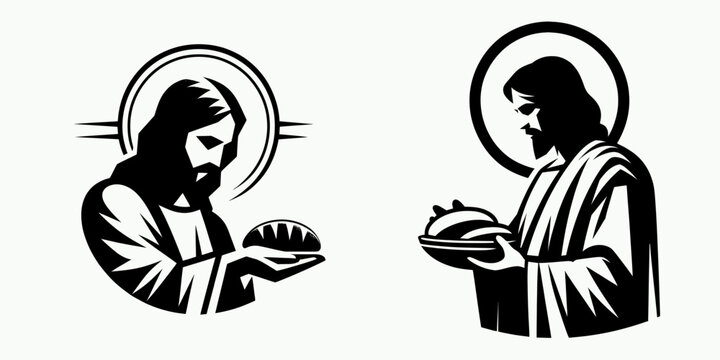 The Jesus Breaking Bread. Christian Clipart silhouette Vector Logo Symbol isolated on white background. Divine figures eucharist a concept of communion sacrament and spiritual.