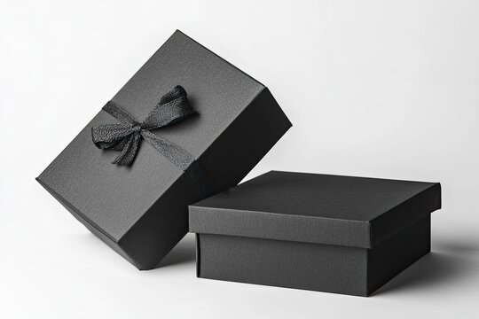 Two black gift boxes, one slightly angled forward, tied with a black ribbon bow