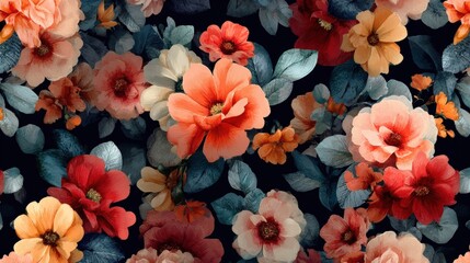 A vibrant pattern of red, peach, and cream flowers with green leaves on a dark background, creating a rich, elegant floral design.