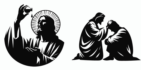 The Jesus Anointing with Oil. Christian Clipart silhouette Vector Logo Symbol isolated on white background. Divine consecration holy grace achieved through chrism and biblical rite.