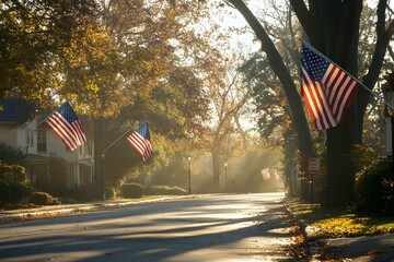 American Flags on a Suburban Street at Sunset for Memorial Day Tribute