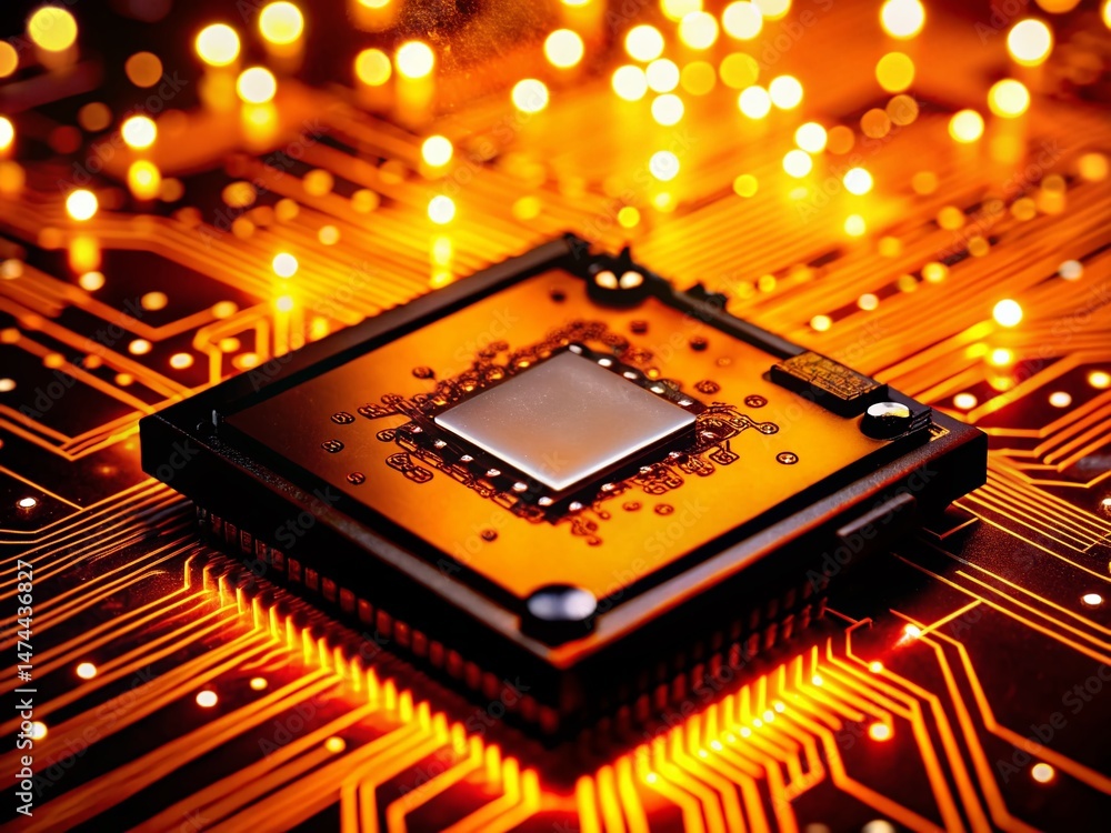 Poster abstract ai cpu circuit board with bokeh background - technology stock photo