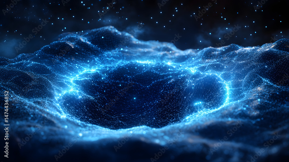 Aufkleber Abstract wireframe landscape with glowing blue dots forming a topographical map. A central crater and scattered 'stars' create depth and a sense of cosmic scale. Abstract wireframe in dark blue
