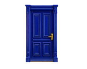 Vibrant blue door with decorative trim and golden handle, showcasing intricate details and classic design. This entrance adds touch of elegance and charm to any setting