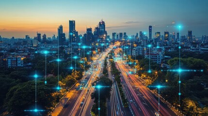 Fototapeta premium Urban cityscape at twilight, connected by digital network