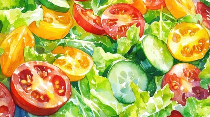 Watercolor Salad Close-Up: Fresh Tomatoes Cucumbers and Lettuce Leaves in Artistic Style for Healthy Eating Concept