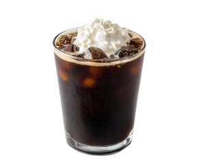 Refreshing glass of iced coffee topped with whipped cream, showcasing rich dark tones and glossy finish. Perfect for warm day, this beverage offers delightful blend of flavors and textures