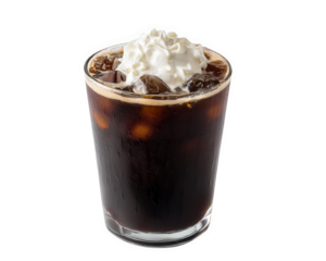 Refreshing glass of iced coffee topped with whipped cream, showcasing rich dark tones and glossy finish. Perfect for warm day, this beverage offers delightful blend of flavors and textures