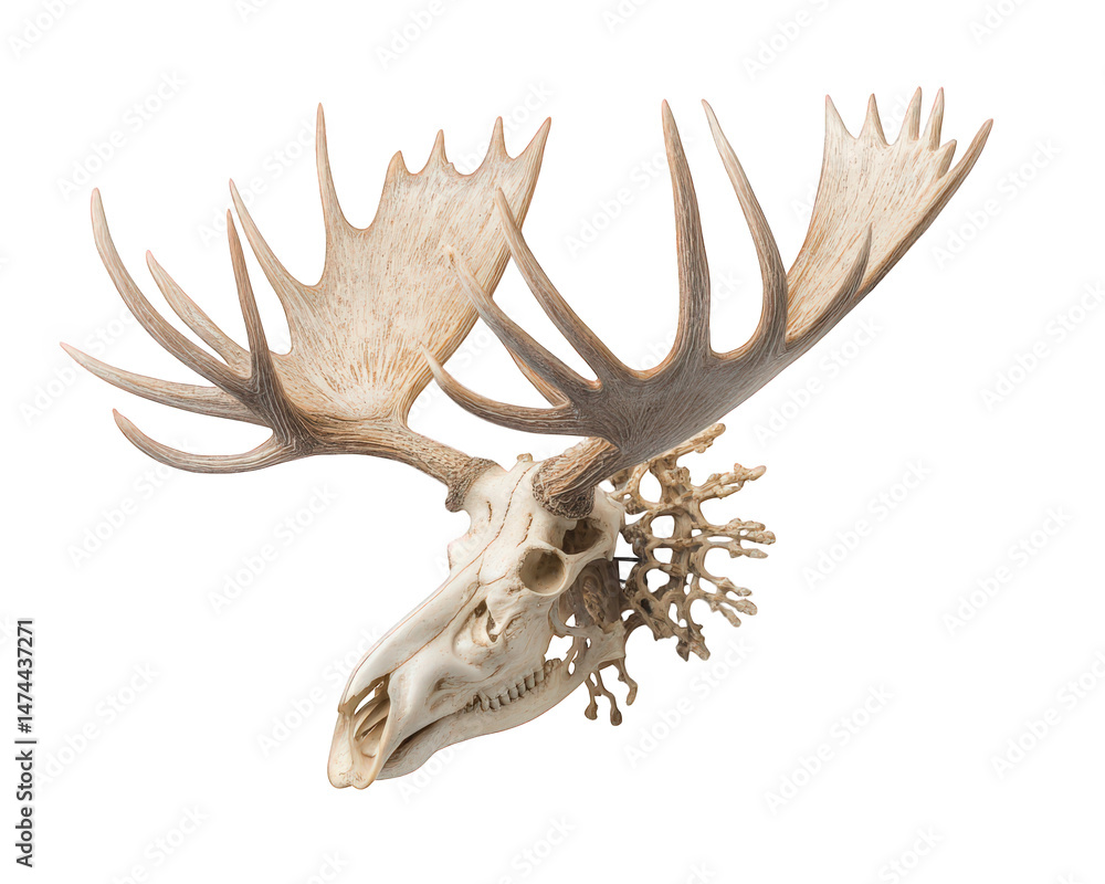 Poster large moose skull fragment showcasing impressive antlers and intricate bone structure, highlighting 