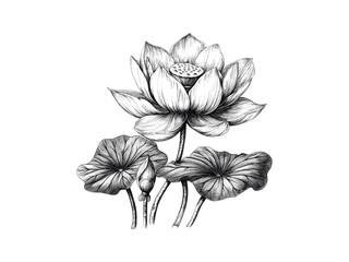 Hand-drawn vintage lotus flower engraving, botanical art, black ink sketch, antique floral print, trendy nature illustration, bloom, wall decor, old style flower art, flora, elegant sketch.