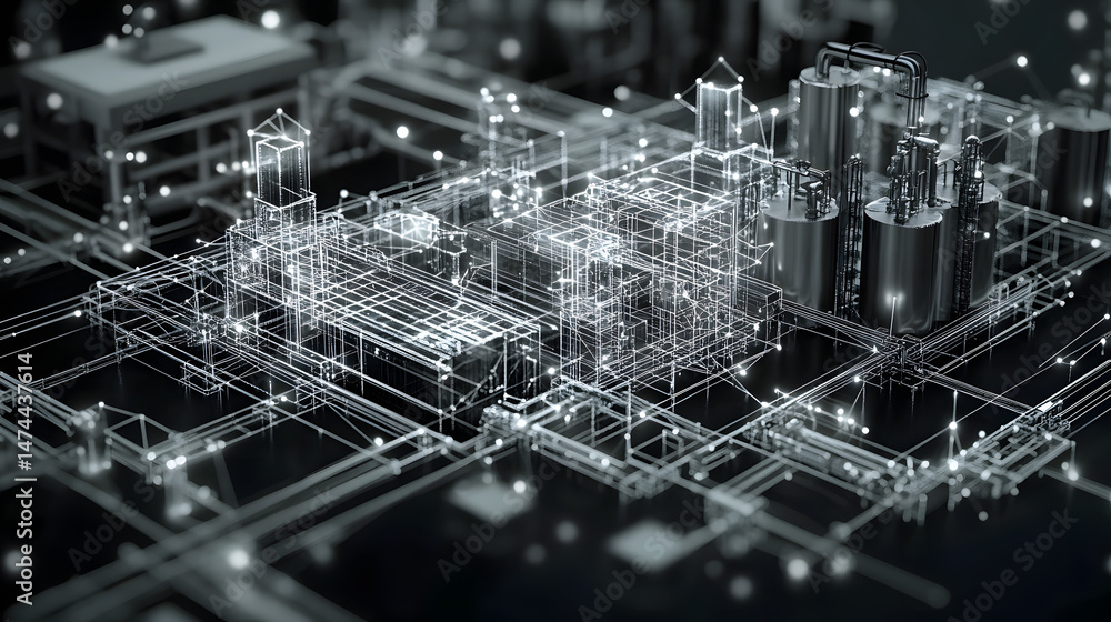 Poster futuristic industrial network blueprint. interconnected lines, glowing nodes, building-like structur
