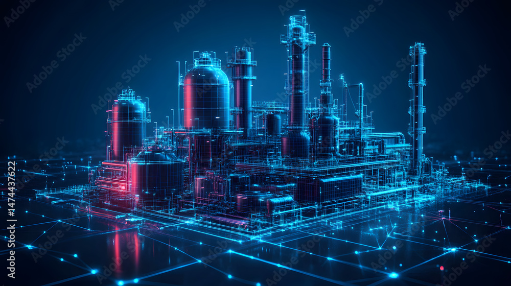 Aufkleber Digital wireframe of an industrial oil refinery complex. Featuring interconnected tanks, pipes, and towers on a glowing grid. Abstract wireframe in dark blue.