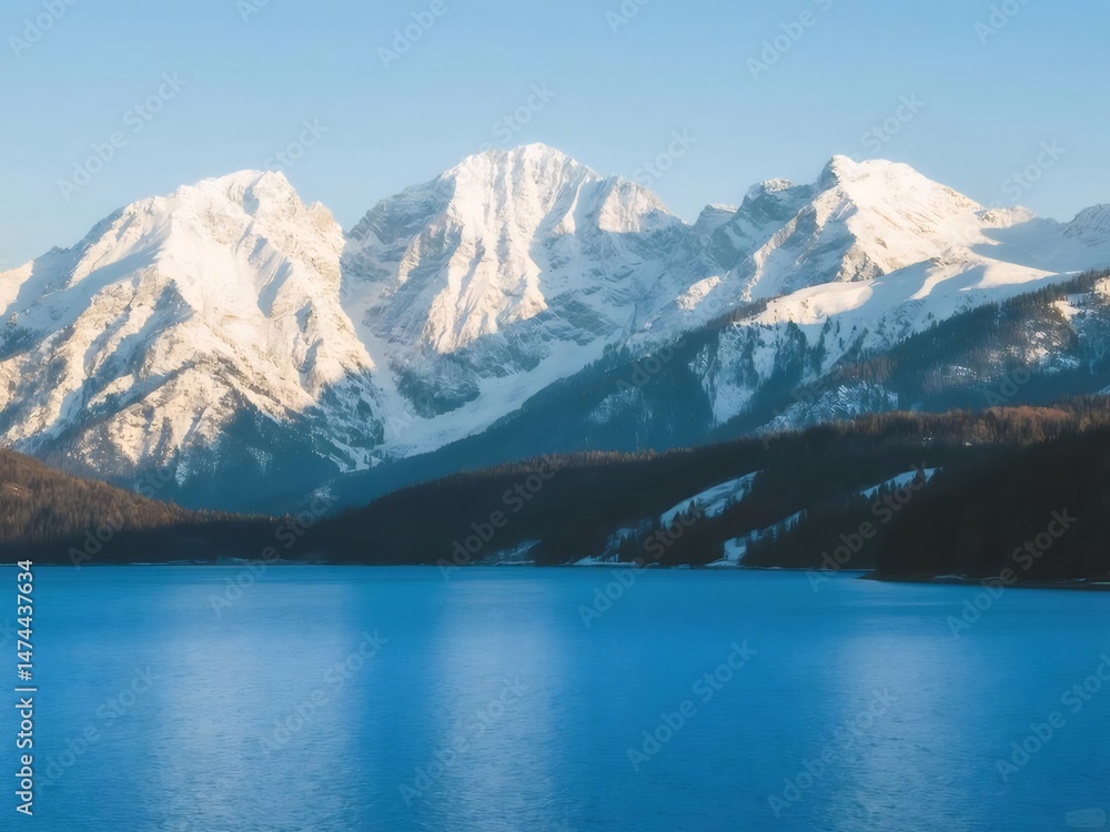 Aufkleber 青い湖と雪をかぶった山々の風景 雪の山頂と深い青色の湖を持つ冬のシーン 明るい空の下の森林と反射が自然の美しさを映し出す
