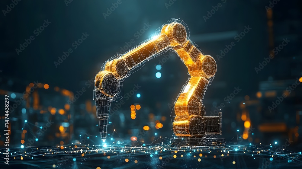 Poster Futuristic robotic arm with glowing gold elements manipulating a blue-lit network on a smart factory floor. High-tech automation and digital connectivity showcase Abstract wireframe in dark blue.