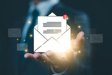 hand show newsletter notification and open mail. concept of correspondence, and news for campaign marketing. icon email, business communication, send information in a digital