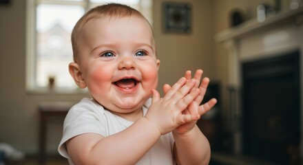 Baby clapping to music, joyfully celebrating in a cozy home setting  