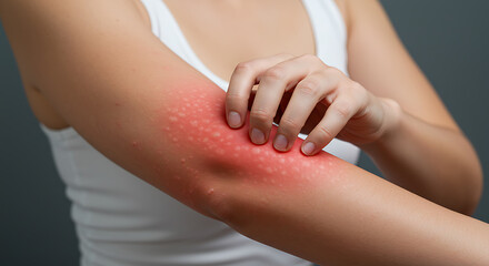Fototapeta premium Red inflamed irritated skin rash on a person's arm with a hand scratching the affected area, concept for dermatology clinic, allergy treatment and health awareness campaign