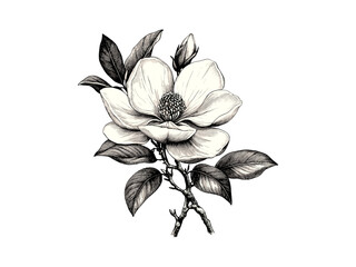 Elegant hand-drawn magnolia bloom sketch, vintage botanical illustration, antique floral decor, black ink engraving style, retro nature art print, classic flower drawing, © Vintage studio