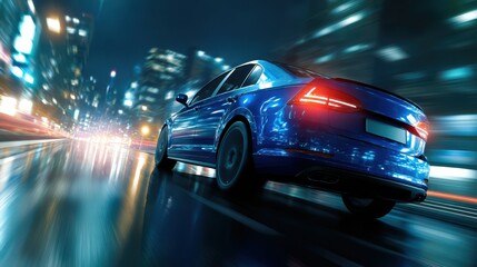 A stunning image of modern shiny blue car on street night city, back side view. car racing on track, leaving neon trail of lights from back.