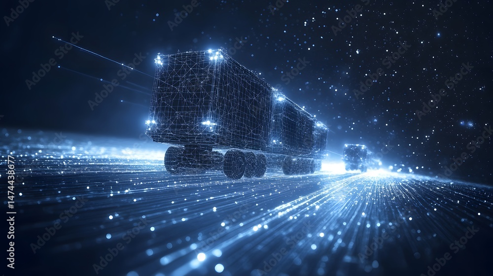 Poster futuristic tractor-trailers speed across a digital landscape of light, embodying technological advan