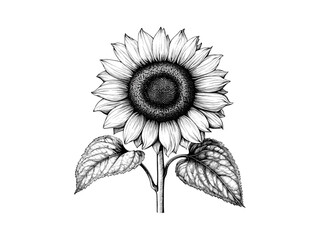 Hand-drawn vintage sunflower engraving, antique floral design, black sketch botanical drawing, retro garden bloom, nature-themed print, decorative old engraving style, trendy botanical art © Vintage Studio