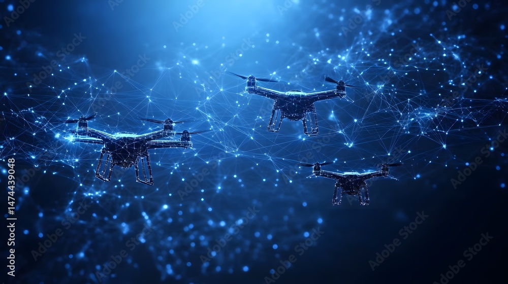 Poster futuristic drones navigate a connected digital network. the scene is bathed in blue light, enhancing