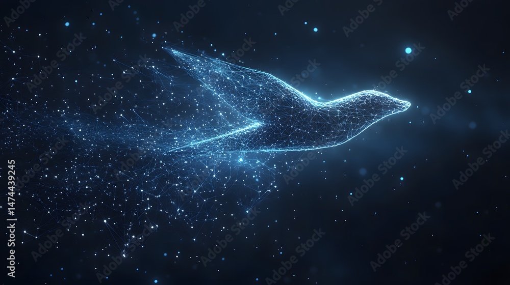 Poster Ethereal bird in flight, a digital representation with interconnected lines and dots glowing against a dark blue backdrop. Abstract wireframe in dark blue.