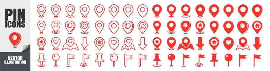 Location Map Pin Icons Set Isolated on Transparent. Flat and Outline GPS Marker Collection, Map Position Pointer Symbol, Red Editable Vector