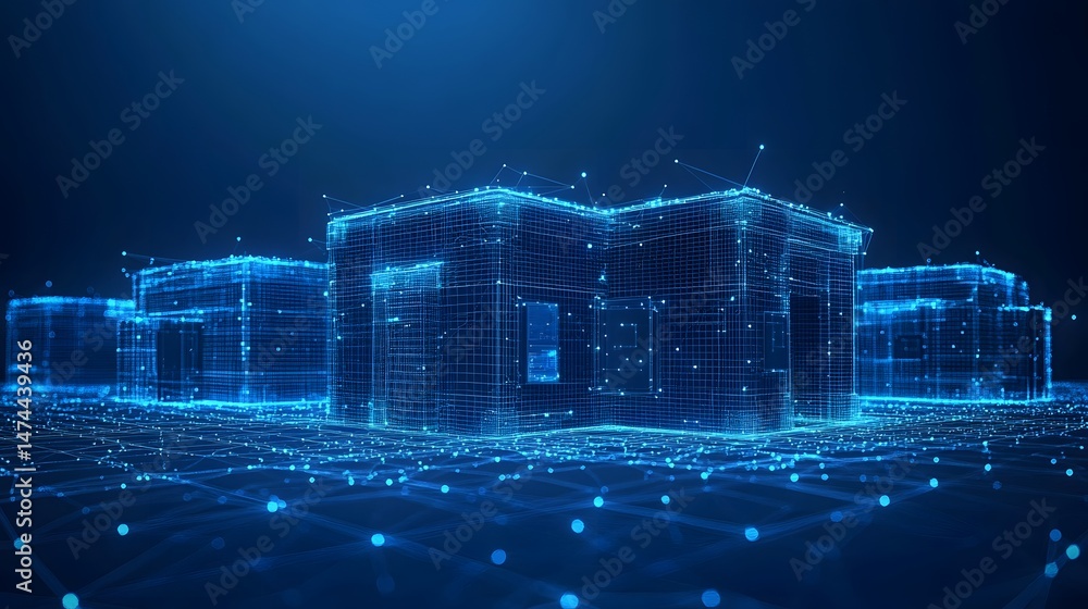 Poster Futuristic cityscape in glowing blue. Abstract wireframe buildings interconnected with data networks against a dark blue background. Evokes high-tech, digital urbanism. Abstract wireframe in dark blue