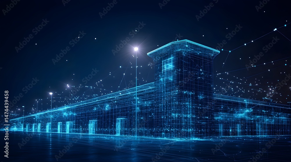 Fototapete Futuristic architectural design featuring a wireframe building with a tower element under glowing streetlights. Reflective ground and deep blue night sky. Abstract wireframe in dark blue