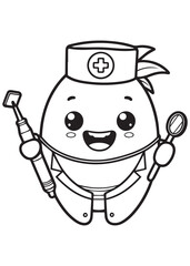 Coloring boo mango dentist with a drill and mirror. A cute and healthy smile scene