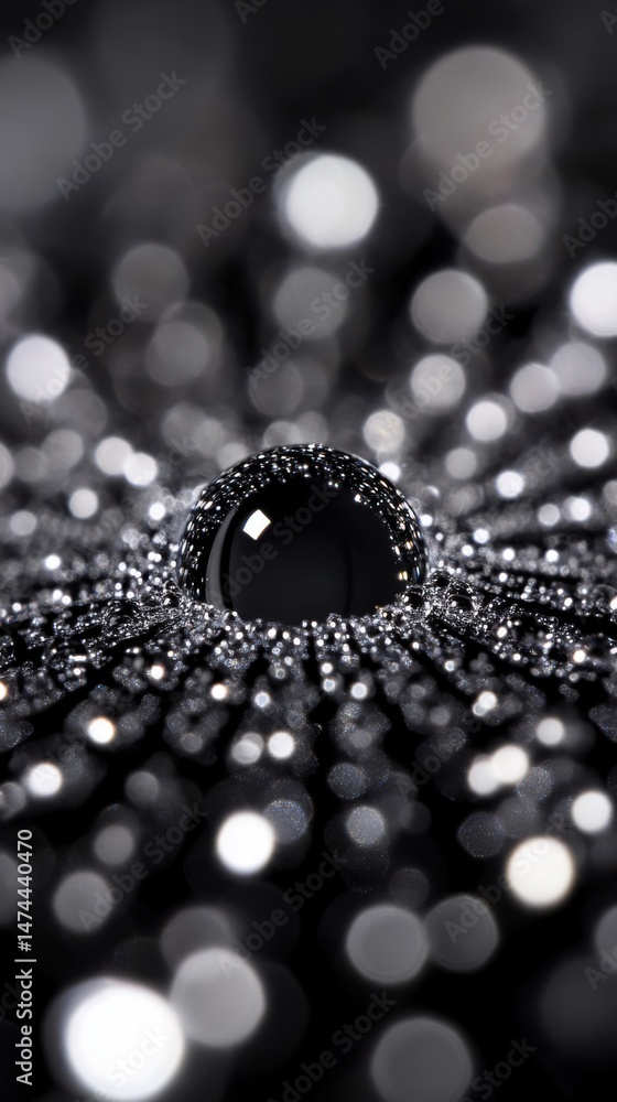 Aufkleber abstract black sphere resting on a field of glittering light points close up macro shot studio