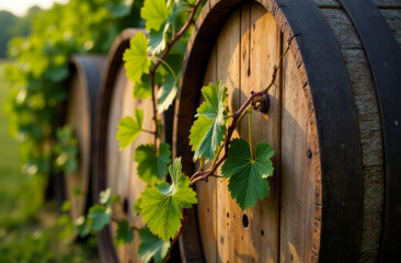 Wooden wine barrel in a grape field. Wine aging in a barrel at a winery. Wine making process.