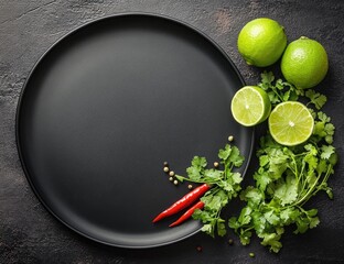 Fresh, vibrant culinary ingredients arranged around a dark plate