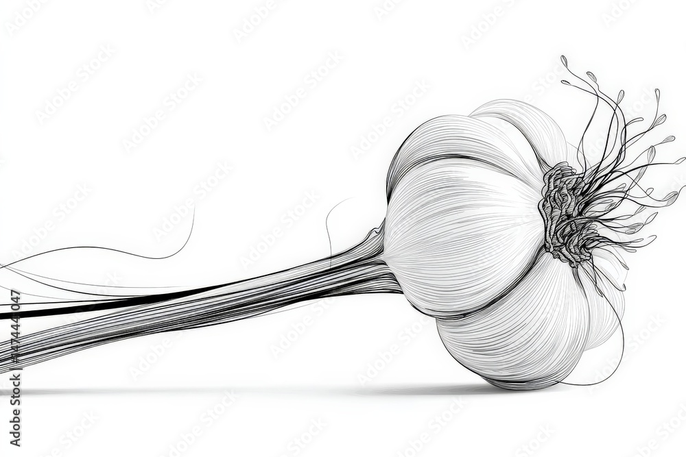 Poster intricate line drawing of a garlic bulb showcasing its natural form and details in monochrome tones
