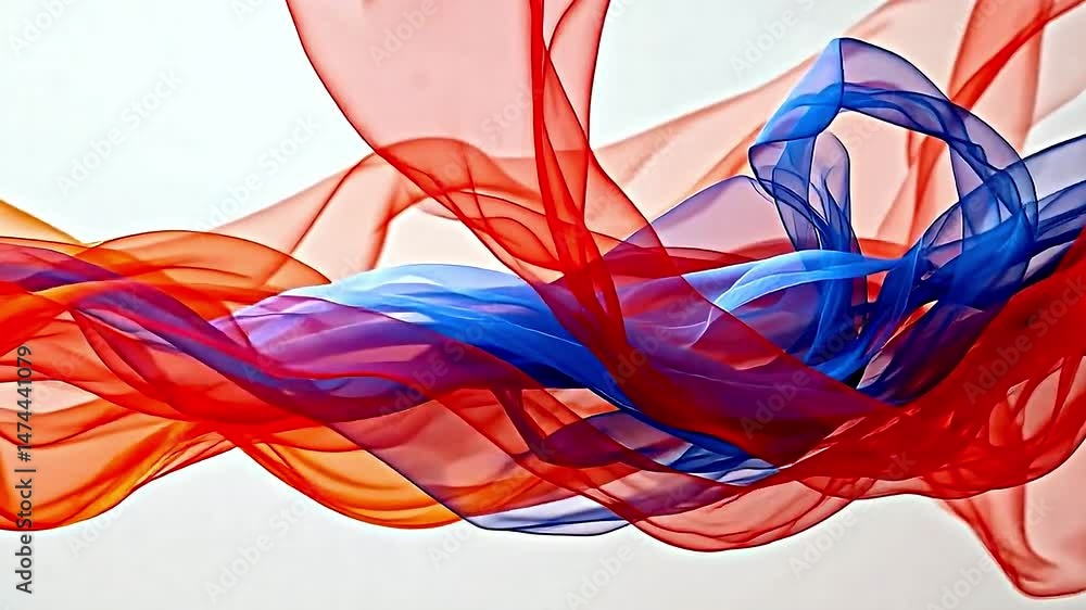 Poster dynamic vibrant red deep blue fabric swirling gracefully against soft neutral background. fabric app