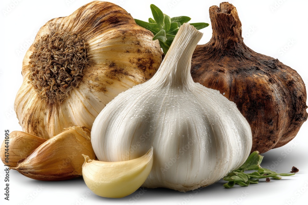 Poster garlic varieties displayed together showcasing unique shapes, textures, and colors in a bright setti