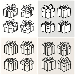 Vector image of eight different, monochromatic gift box illustrations with assorted patterns, each tied with a decorative bow.