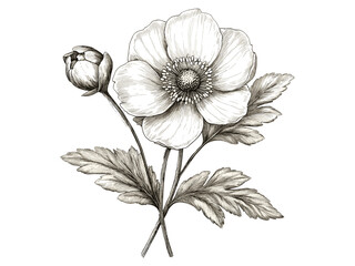 Wood anemone bloom illustration, retro botanical engraving, vintage flower sketch, antique floral art, trendy flower print, nature decor, floral decor, hand-drawn, old engraving style.