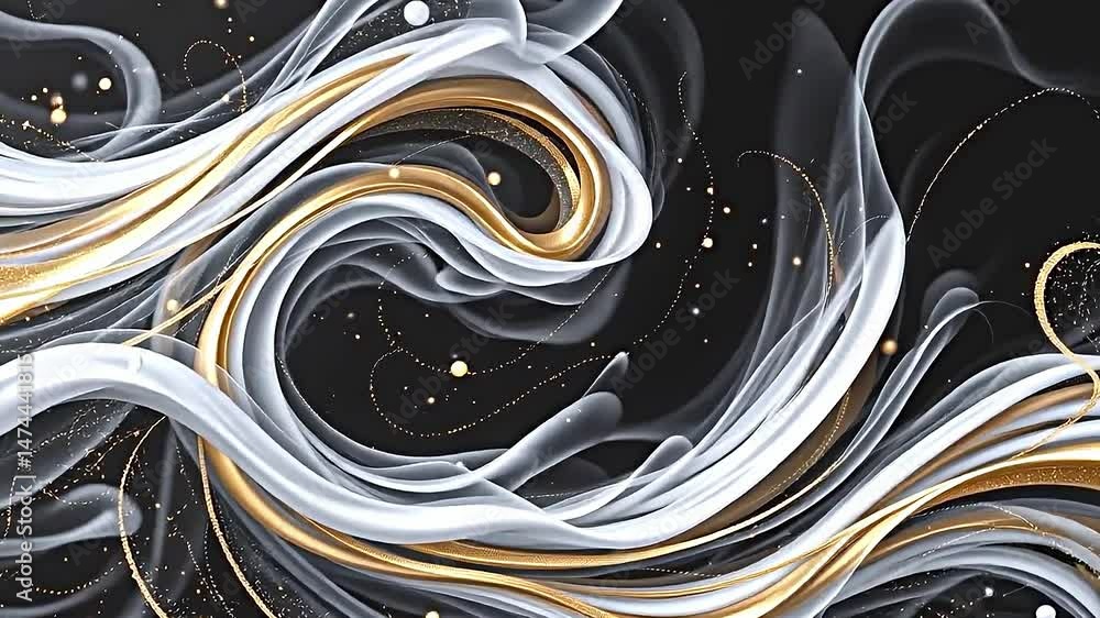 Poster swirl of flowing intertwined lines shades of white gold silver against dark background. intricate pa