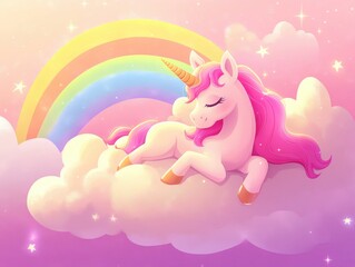 Fototapeta premium Cartoon unicorn resting on cloud with rainbow in pastel sky illustration for kids design