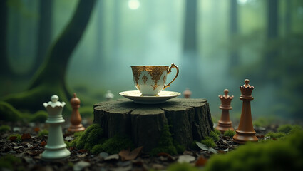 Golden teacups, chess pieces, and mossy stumps in a misty forest create a surreal and serene atmosphere.