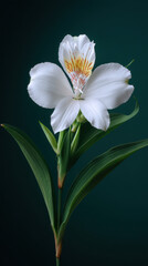 Obraz premium A beautiful white alstroemeria flower with delicate yellow and orange markings blooms against a dark green background highlighting its intricate details perfectly.