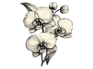 Orchid Flower Vintage Drawing, botanical engraving style, retro floral illustration, trendy wall print, old sketch effect, black and white engraving, vintage floral design, elegant nature sketch