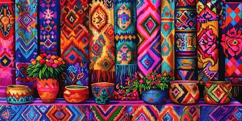 Rolled woven textiles with geometric patterns in tribal style.