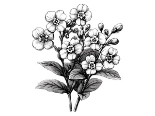 Vintage engraving of alpine forget-me-not, hand-drawn floral sketch, antique botanical illustration, rustic garden motif, black sketch, old engraving style, trendy engraved decor, alpine flower art