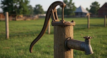A rusty old water pump is in a field