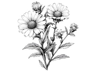 Aster flower sketch, vintage botanical engraving, hand-drawn bloom for retro decor, antique flower print, wall art poster, trendy vintage flower drawing, floral artwork print,