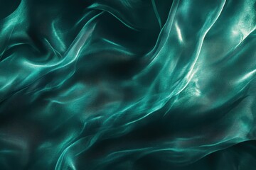 Obraz premium Teal shimmering fabric drapes in flowing waves. Deep teal fabric, draped in soft folds and shimmering light
